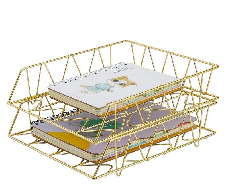 PAG Desktop File Organizer Metal Stackable Letter Tray Paper Holder Rack, 2 Pack, Gold - Image 1